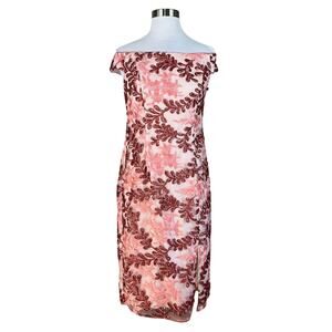 Adrianna Papell Sequin Off the Shoulder Cocktail Dress Pink Floral Midi Sheath